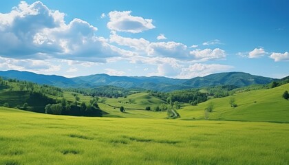 Obraz premium A stunning spring day landscaping views of fertile land surrounded beautiful green vegetation, wide stretches of hills and mountains with clear skies in spring