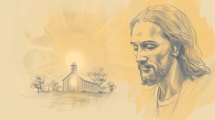 Hope and Light: Sunrise Over Church with Jesus's Image, Biblical Illustration Highlighting Divine Presence