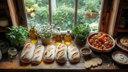 Rustic kitchen scene with fresh bread and olive oil on a wooden table - Powered by Adobe