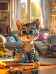 A playful 3D animated cat with large expressive eyes and a fluffy tail, sitting in a cozy living room filled with colorful toys and a comfy couch, sunlight streaming through a window casting a warm