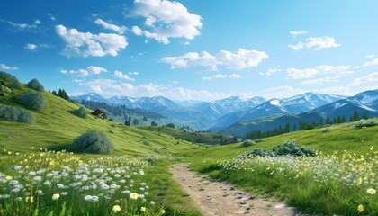 Obraz premium A stunning spring day landscaping views of fertile land surrounded beautiful green vegetation, wide stretches of hills and mountains with clear skies in spring