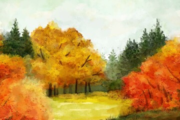 Watercolor forest landscape in Autumn and fall