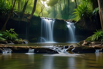 Wide panorama beautiful green nature view scenic landscape waterfall in tropical jungle rain...