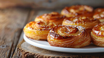 Palmier pastries on white saucer shot on wooden
