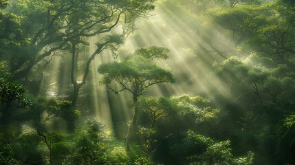 Obraz premium a forest of green trees with sunlight shining through the canopy, a green foggy misty atmosphere