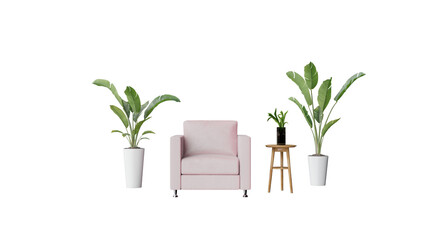 a pink chair and a table with plants