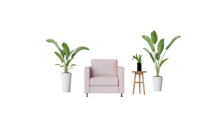 a pink chair and a table with plants