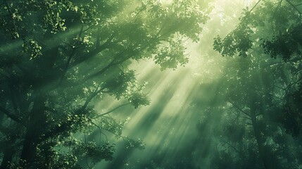 Obraz premium a forest of green trees with sunlight shining through the canopy, a green foggy misty atmosphere