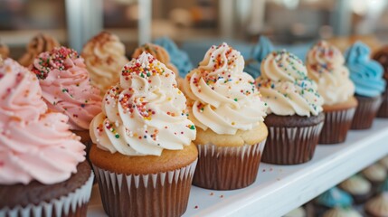 a festive cupcake display with a variety of flavors, frosting, and colorful sprinkles.