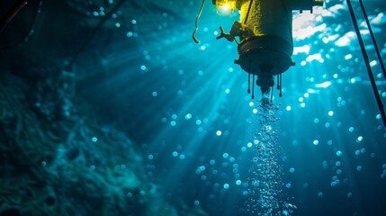 A submersible pump being lowered into the depths of the ocean ready to begin the process of extracting oil from a newly discovered well.