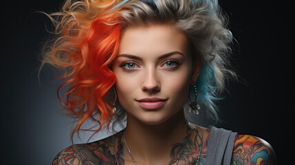 Fototapeta premium Portrait of happy young caucasian woman with tattoos on face.