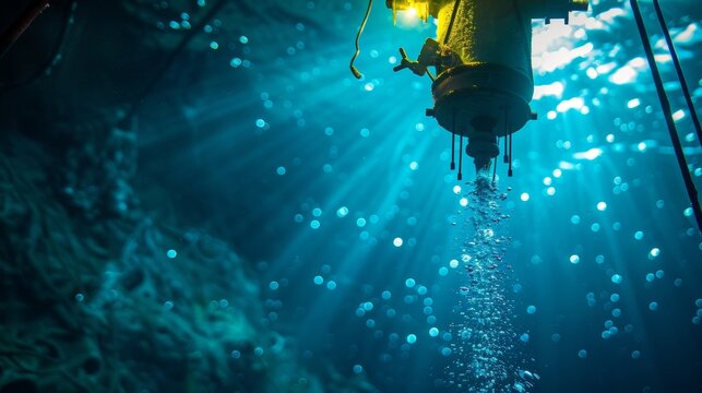 A submersible pump being lowered into the depths of the ocean ready to begin the process of extracting oil from a newly discovered well.