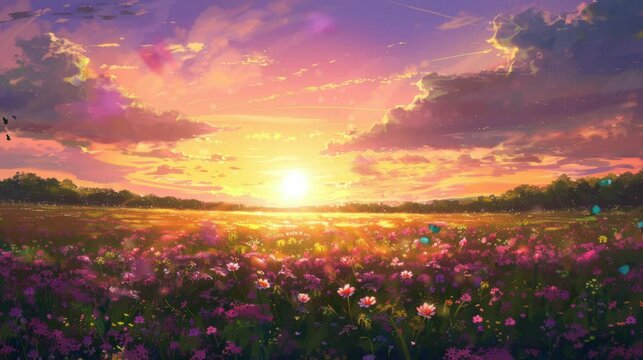 The sunset gives an orange color to the flower garden, which makes the flower garden look very charming. Virtual 4K video animation background with looping time lapse with very smooth graphics.