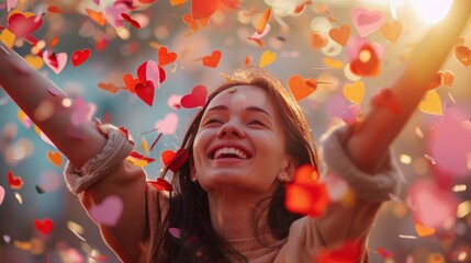 Obraz premium An Extremely Happy Young Brunette Female Enjoyed Falling Heart-Shaped Confetti, Celebrating Moments Of Joy And Happiness, Hd Images
