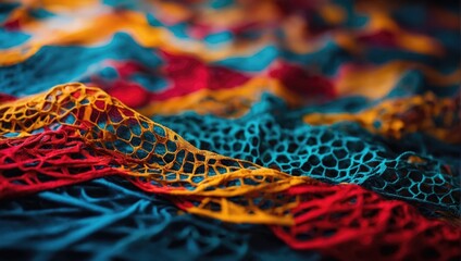 A colorful scarf with orange and blue colors and a blue background. Abstract fabric textile texture artwork