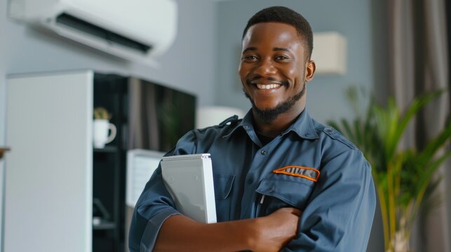 portrait of an african american smiling service technician in uniform servicing or installing an air conditioner in a house and looking at the camera