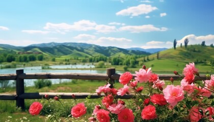 Obraz premium A stunning spring day landscaping views of fertile land surrounded beautiful green vegetation, wide stretches of hills and mountains with clear skies in spring