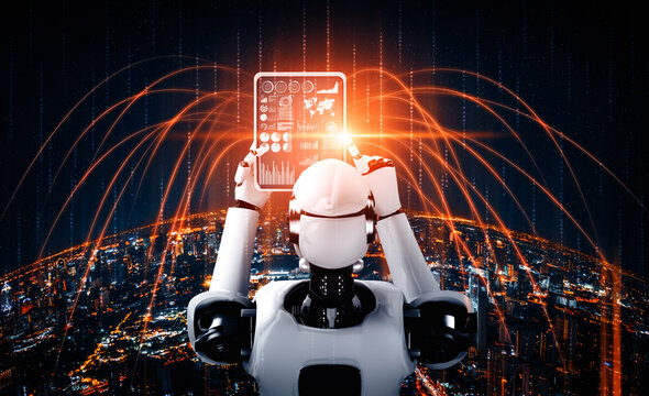 MLB 3d illustration Robot humanoid using tablet computer for global network connection using AI thinking brain , artificial intelligence and machine learning process for 4th industrial revolution. 3D