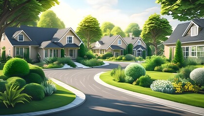 a serene scene of a suburban cul-de-sac with vibrant greenery and inviting houses.