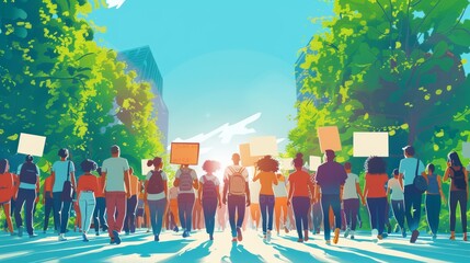 Colorful vector illustration of a Juneteenth march with signs and banners promoting freedom and unity, with a diverse group of participants walking together Generative AI