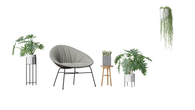 a chair  planter  and stool in a room