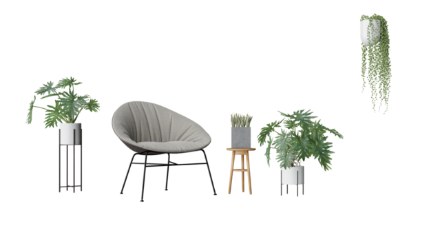 a chair  planter  and stool in a room