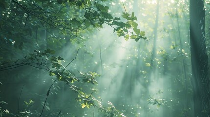 a forest of trees with green leaves and fog in the background, the sun shining through in a grainy, blurry style