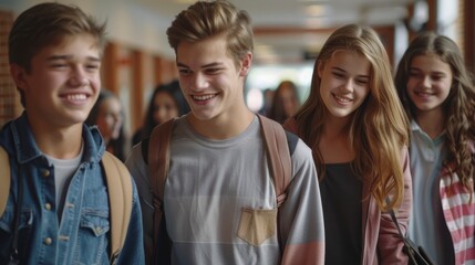 Fototapeta premium Happy High School Friends Walking Arm In Arm Through A Hallway, Their Camaraderie And Joy Evident In Their Smiles, Hd Images