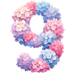 Naklejka premium watercolor hydrangea flower Number 9 clipart isolated on the white background