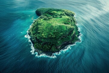Captured from the bird's eye view of a plane, this photo reveals a solitary island nestled like a precious gem in the vast expanse of ocean. With its lush greenery kissing the shores - generative ai