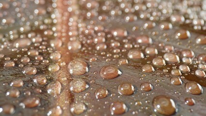 Glistening water droplets delicately cling to damp brown leaves, captured in a mesmerizing macro close-up, showcasing nature's brilliance. Nature concept. Leaf background. 
