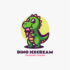 Vector Logo Illustration Dino Ice Cream Mascot Cartoon Style.