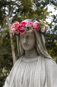 Virgin Mary Statue With Flower Crown In Garden Catholic May Crowning