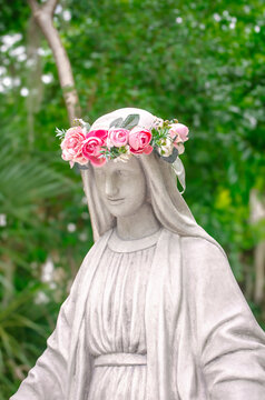 Virgin Mary Statue With Flower Crown In Garden Catholic May Crowning
