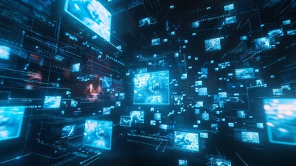 A dynamic visual of multiple blue holographic images floating in the air, representing different video content on social media platforms