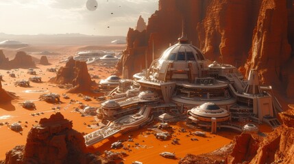 a futuristic colony on Mars, a big city build in Arcology style, Busy traffic of futuristic ground and aircraft vehicles between the tall buildings,