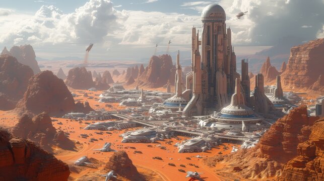 a futuristic colony on Mars, a big city build in Arcology style, Busy traffic of futuristic ground and aircraft vehicles between the tall buildings,