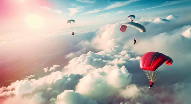  skydivers with parachutes, soaring through clouds, experiencing the thrill of flying from an airplane