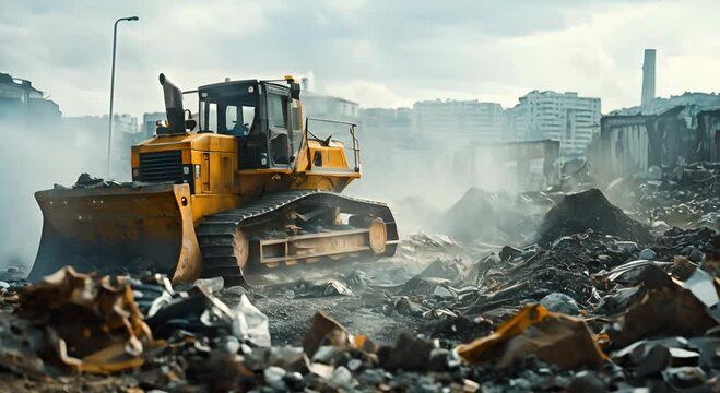 bulldozer clearing debris from a construction site
