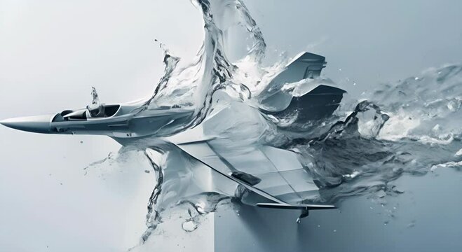  fighter jet materializing from liquid on a presentation cover dark to light gray, enhancing the illusion of the jet emerging from fluidity into a solid state