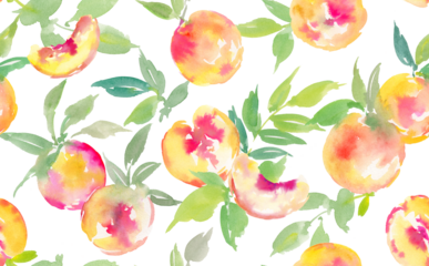 Seamless pattern of peach painted in watercolor with transparent background