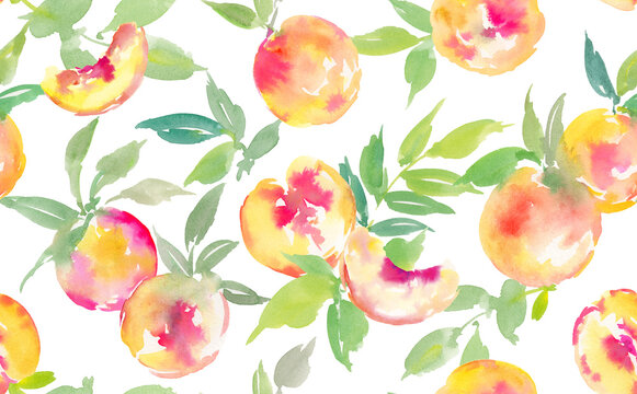 Seamless pattern of peach painted in watercolor with transparent background