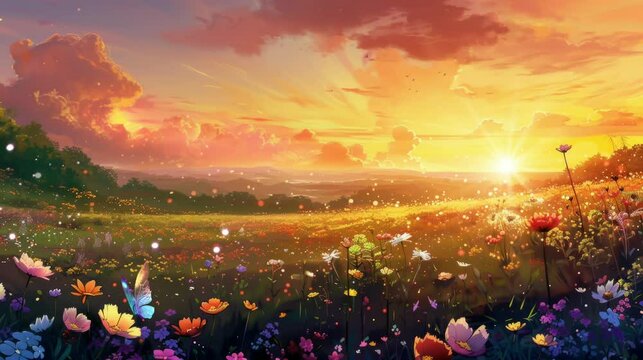 sunset in the flower garden. Virtual 4K video animation background with looping time lapse with very smooth graphics.