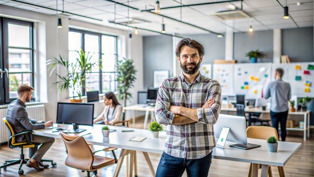 Innovative Startup Founder: A portrait of a startup founder in a minimalist office, surrounded by tech devices and whiteboards with creative ideas.
