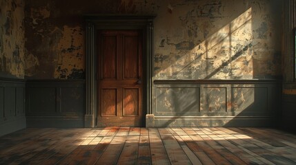  The scene captures an unfurnished room featuring only a door and a solid wooden floor 