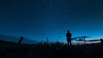 Fototapeta premium A starry night sky with the rancher making his final rounds to check on his livestock before tucking in for the night.