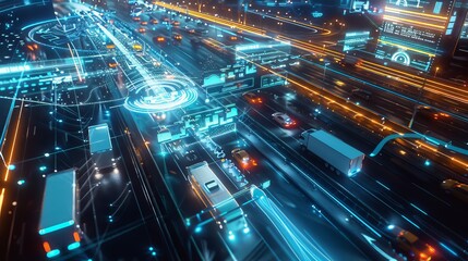 High-tech city highway with trucks and cars moving on the road, surrounded by digital connections symbolizing an advanced data system for urban transport control. 