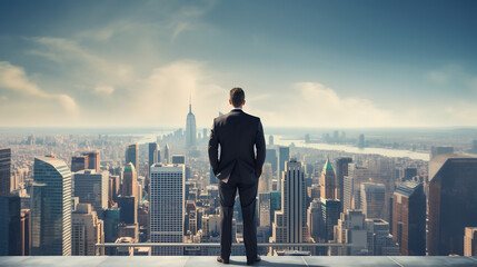 Businessman standing on a rooftop overlooking a vast city skyline, contemplating success and future opportunities, under a bright sky