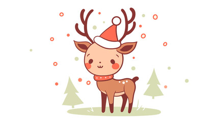 Hand drawn cartoon illustration of reindeer wearing santa hat
