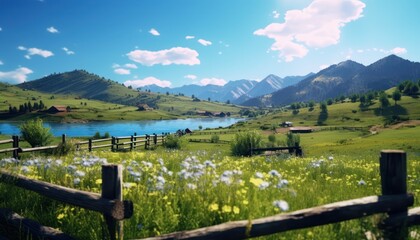 A stunning spring day landscaping views of fertile land surrounded beautiful green vegetation, wide stretches of hills and mountains with clear skies in spring